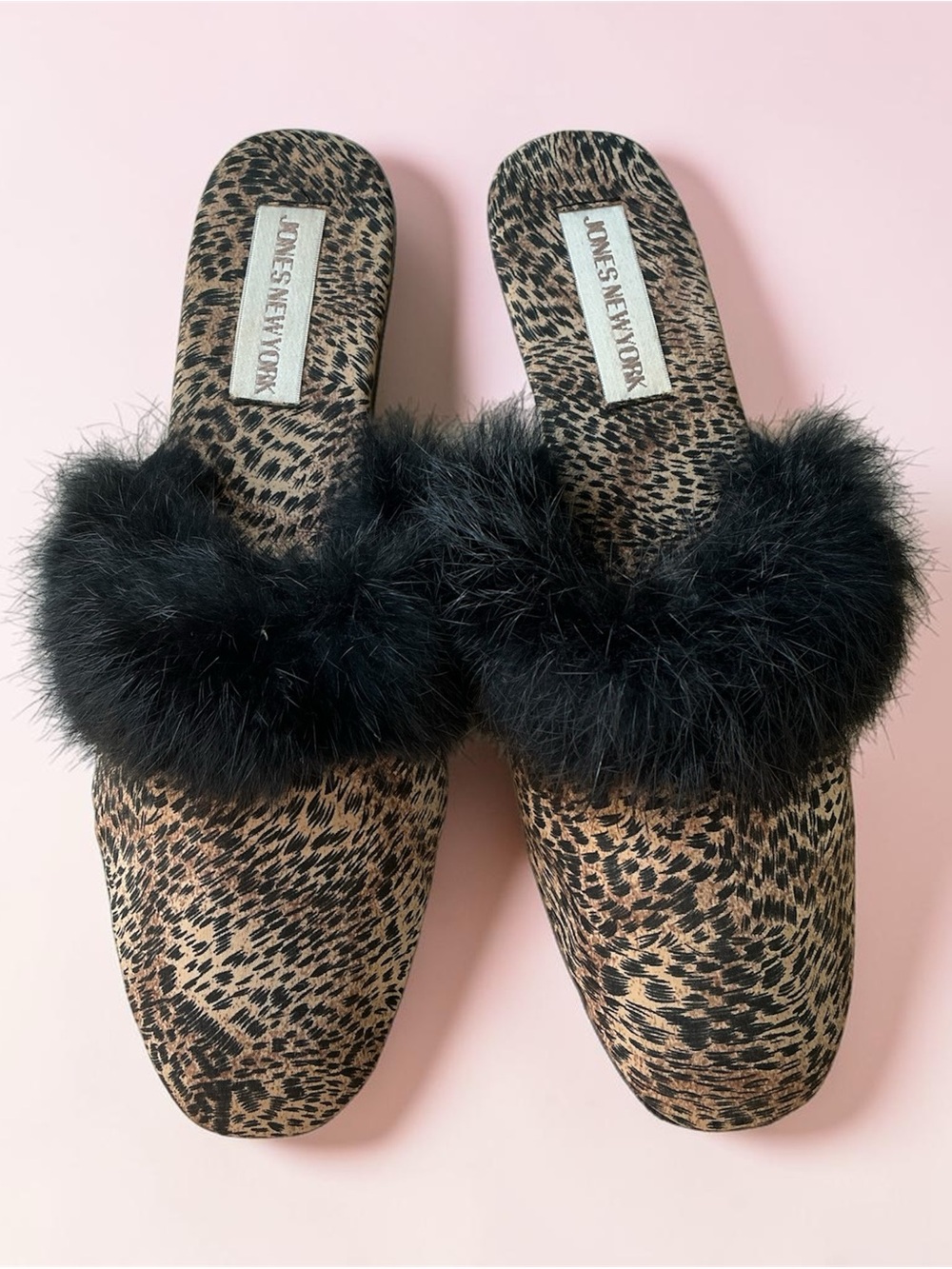 Jones New York Leopard Mule Slippers Black Real Fur Trim Low Heel Sz M 7-8